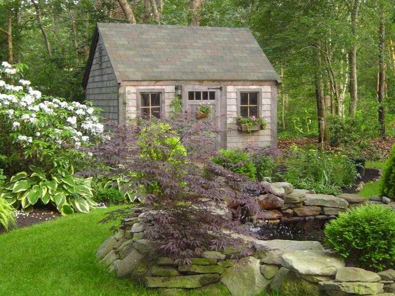 Log house-garden-pond-plants-lawn area