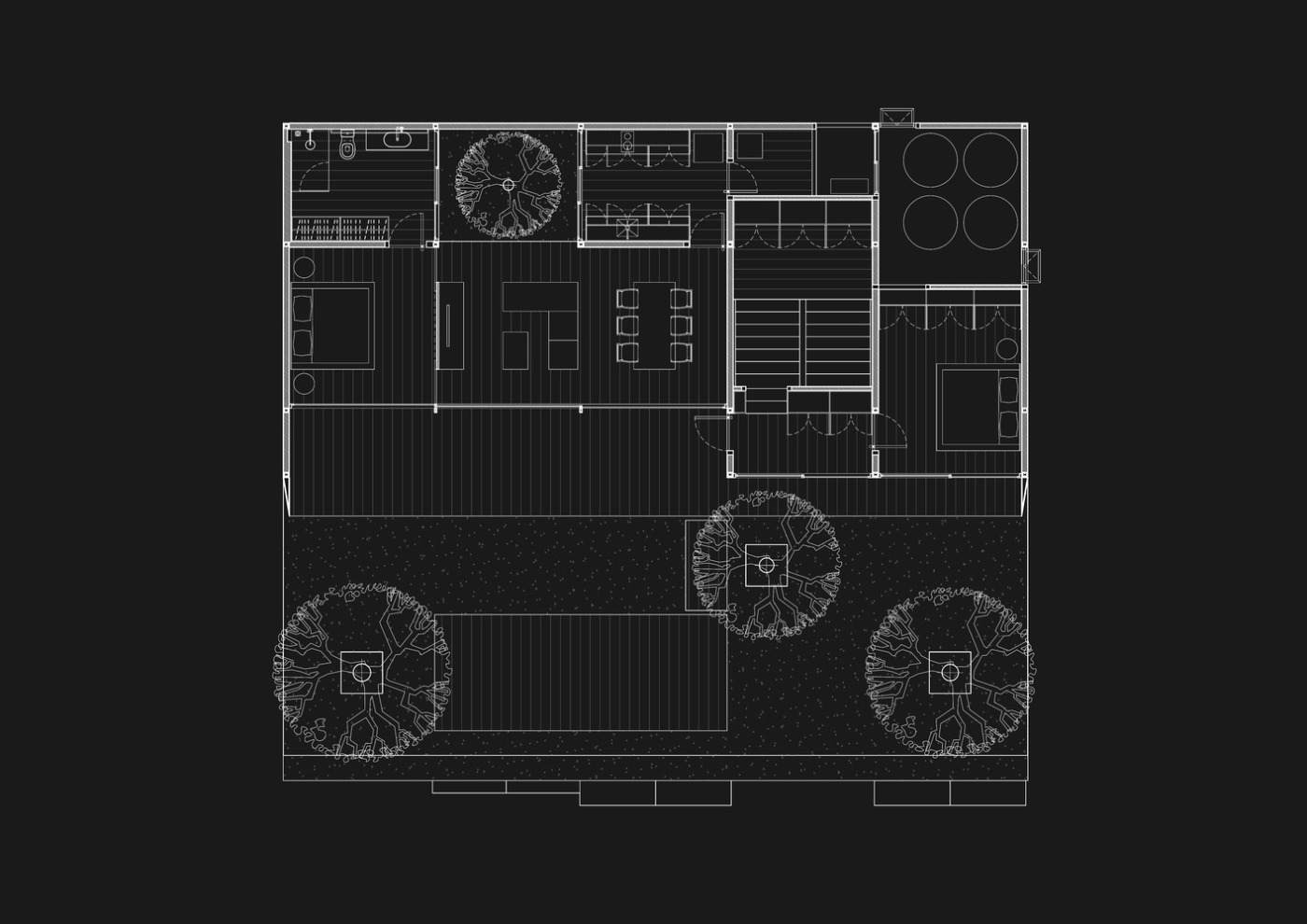 Floor plan of an apartment on the roof with living room, bathroom and kitchen in the courtyard